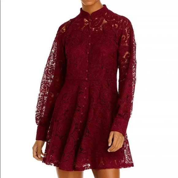 Aqua NWT Lace Button Front Long Sleeve Mock Neck Mini Dress Burgundy Medium New - Picture 12 of 12